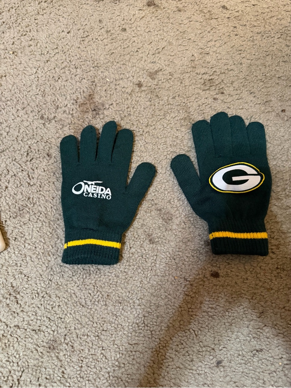 Green Knit Gloves with Yellow Stripe and Team Logo